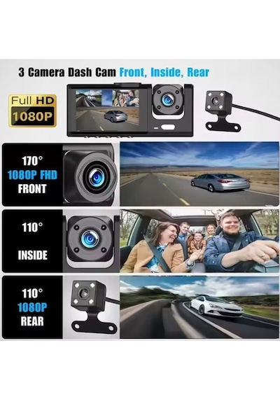 3 Kameralı 1080p Hd Araç İçi Kayıt Cihazı Gece Görüş, Geri Görüş, Lcd Ekran, G-sensör, Lcd Ekran