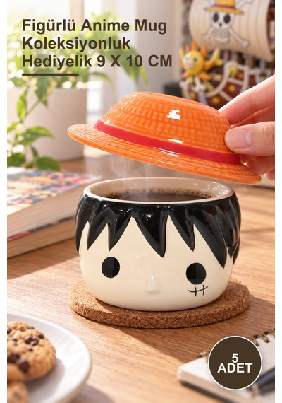 5 Adet One Piece Luffy 3d Kapaklı Kupa Bardak Figürlü Anime Mug Luk Hediyelik 9 X 10 Cm