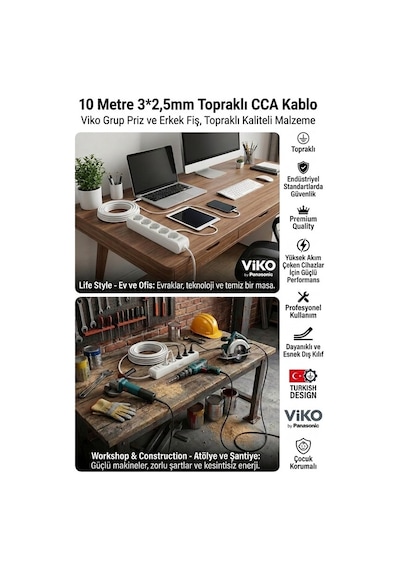 Viko Grup Priz 5'li, 10 Metre Uzatma Kablosu, 3x2,5 Kalın Cca Kablo - Premium Kalite, Çocuk Korumalı, Terminal Ve Klemens Bağlantılı 10 M
