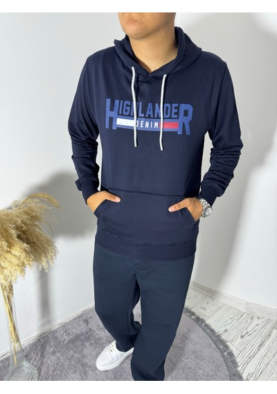 Say-Has Fashion Kapüşonlu Göğüs Baskılı Sweatshirt Lacivert