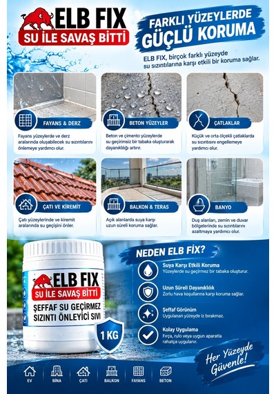 Elb Fıx Şeffaf Su Geçirmez Sızıntı Önleyici Sıvı Yalıtım Ürünü 1 Kg Çatlak Ve Su Sızıntısı Önleyic