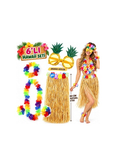 Hawaii Parti Kostüm Seti - 60 Cm Hasır Etek, Çiçekli Aksesuarlar Ve Ananas Gözlük Sarı