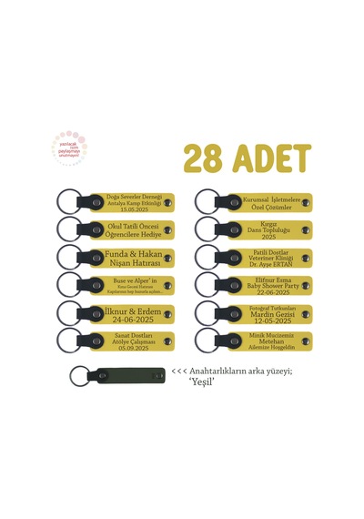 Sarı & Yeşil, Kargo Dağıtım Ekibine Hediye, 28 Li Set, İsim Yazılabilir Deri Hatıra Anahtarlık