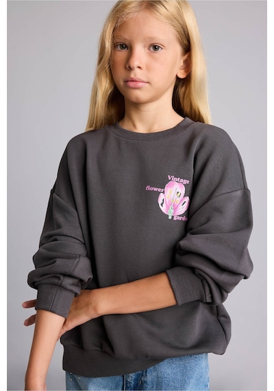 Defacto Relax Fıt Bisiklet Yaka Floral Sweatshirt Kız Çocuk I4172a826auar150 Antrasit-ar150