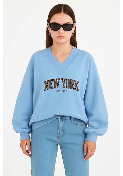 Benroma New York Baskılı Ünisex V Yaka Sweatshirt Bebe Mavisi