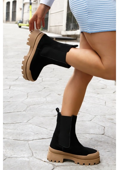 Shoetek Jolie Kadın Bot Lastikli Siyah Süet Siyah Suet Siyah