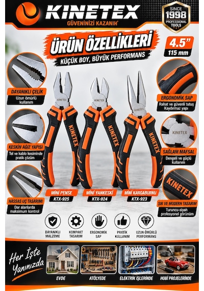 Kinetex 3 Lü Mini Pense Seti 115 Mm Mini Pense, Yankeski Ve Kargaburnu El Aletleri Seti Mini Kıvır