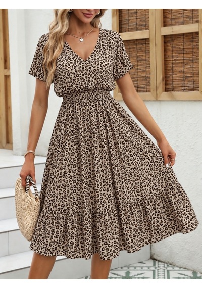 Alyn Wear Kadın Kısa Kollu V Yakalı Beli Lastikli Midi Süprem Elbise Leopar