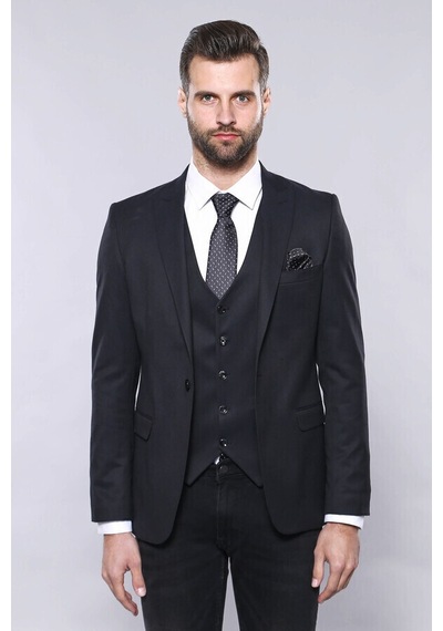 Düz Koyu Lacivert Slim Fit Ceket Yelek Set Wessi 001