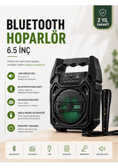Yeni Nesil 6.5 İnç Bluetooth Hoparlör Mikrofonlu Taşınabilir Ses Sistemi