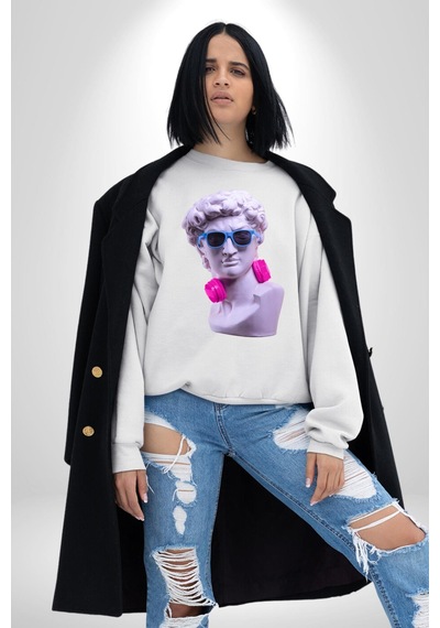Kulaklık Gözlük Pop Art Heykel Unisex Beyaz Sweatshirt Beyaz