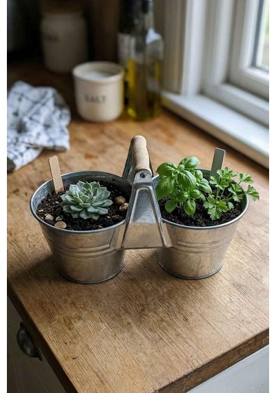 İkiz Saksılık Metal 10 Cm - Dekoratif Çiçeklik Kova Ve Çok Amaçlı Düzenleyici Galvaniz Diğer