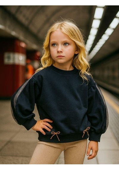 Kız Çocuk Pamuklu Kolları Tül Detaylı Fiyonklu Sweatshirt-16217 Siyah