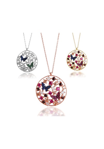 Kuyumcudukkani Karışık Zirkon Taşlı Daire İçinde Kelebekler Kolye-20120-r-m Rose Gold