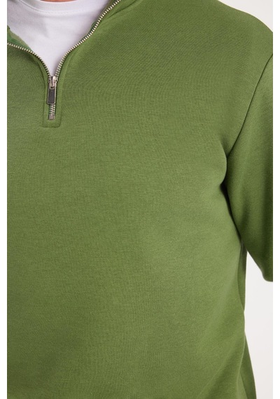 Tudors Unisex Relax Fit Rahat Kesim Pamuklu İçi Polarlı Yarım Fermuarlı Yeşil Dik Yaka Sweatshirt-35157 Yeşil