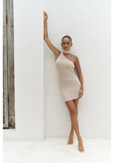 Mai Collection Mai Studios Co. Budah Asimetrik Triko Bej Mini Elbise Bej