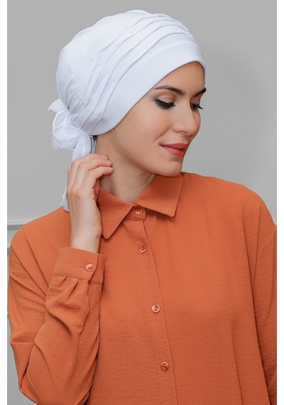 Hürrem Bone Beyaz Pratik Hazır Geçmeli Tesettür Bone Sandy Kumaş Incili Pilel Beyaz
