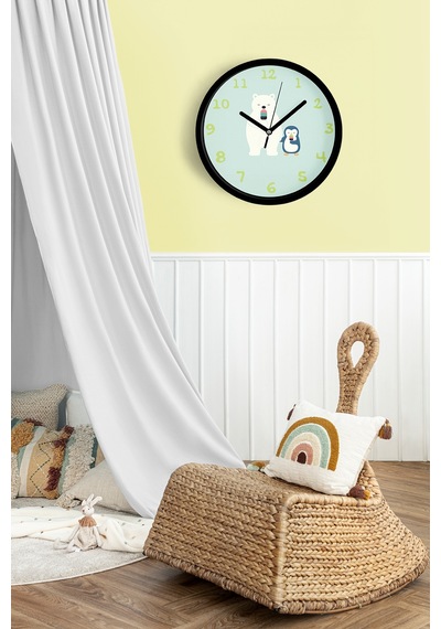 Ayı İle Penguen Çocuk Odası Modern Duvar Saati - 30cm - Önü Camlı Siyah Kasa - Sessiz Mekanizma-jh0607 Siyah