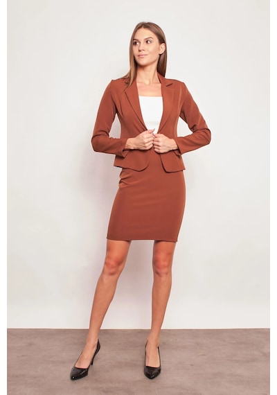 Yakalı Flato Cepli Uzun Kol Pamuklu Kumaş Hafif Likralı Kısa Blazer Ofis Ceket-koyu Taba K.taba