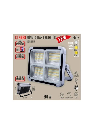 Ct-4698 Taşınabilir Şarjlı Solar Projektör 200w