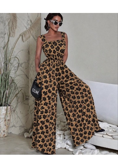 İkales Kadın Askılı Kare Yakalı Desenli Kemersiz Uzun Süprem Tulum Leopar
