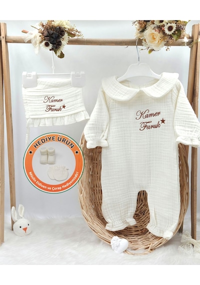 Gros Shop Yakalı Müslin 2'li Hastane Çıkış Mevlüt Seti %100 Pamuk Organik Kişiye Özgü İsimli Nakış Desenli Ekru