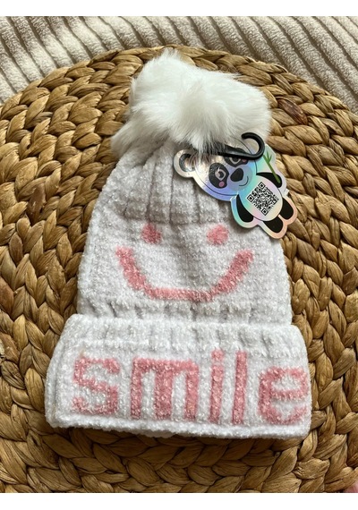 Prahar Kız Çocuk Smiley Desenli İçi Peluş Dokulu Ponponlu Kışlık Bere Beyaz