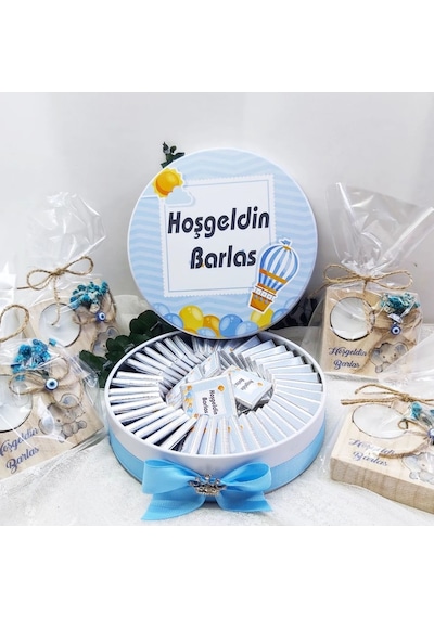 Balon Baskılı Metal Kutuda Bebek Çikolatası Uv Baskılı Madlen Çik