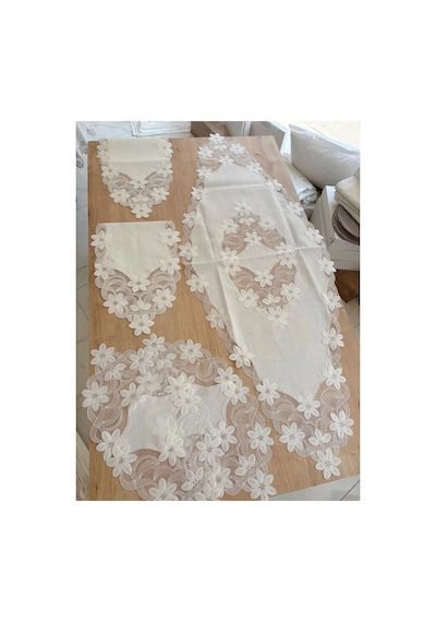 Salon Takımı Çeyizlik Krem Runner Set 5 Parça Keten Masa Örtüsü Runneri Lüx Evita Çok Renkli