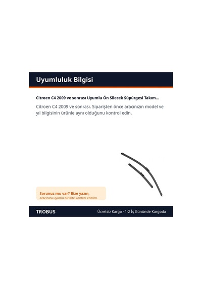 Trobus Citroen C4 2009 Ve Sonrası Uyumlu Ön Silecek Süpürgesi Takımı 700-650 Mm