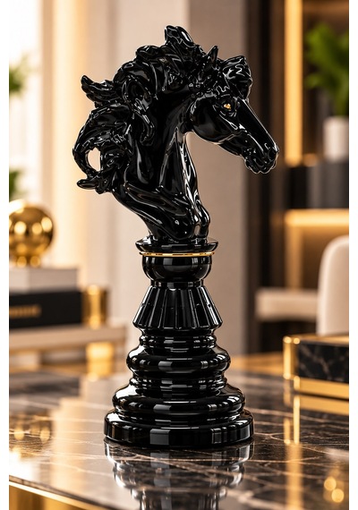 Siyah At Figürü Dekoratif Biblo 33 Cm Gold Detaylı Lüks Tasarım