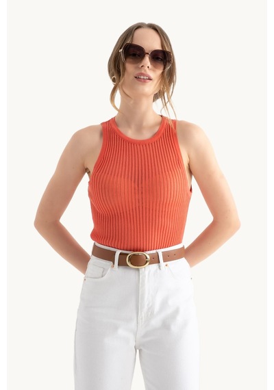 Hiccup Yuvarlak Yakalı Fitilli File Tank Top Pembe