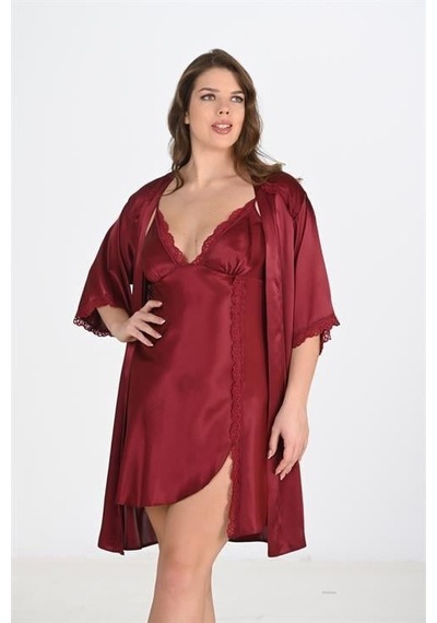 Findit Büyük Beden 2li Bordo Sabahlık Takımı Bigsize Bordo
