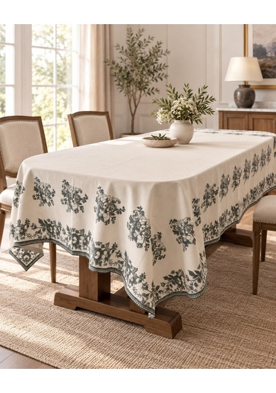 Velour Green Keten Masa Örtüsü-7601 Çok Rekli