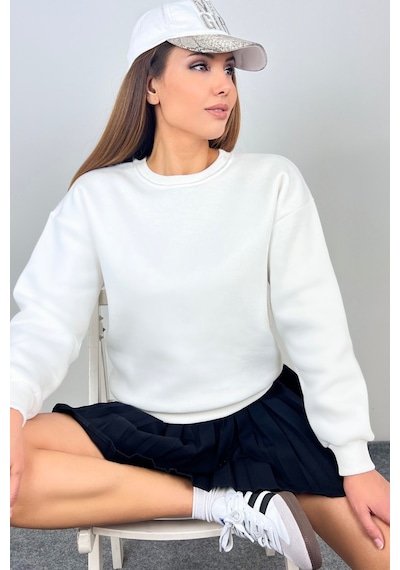 Kadın Cozy İçi Polarlı Ekru Basic Bisiklet Yaka Pamuklu Kalın Örme Sweatshirt Ekru