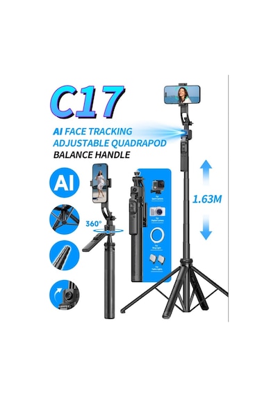 C17 Tripod 360 Otomatik Rotasyon Çekim Quadrapod Profesyonel Selfie Çubuğu Aı Yüz Takibi 163cm