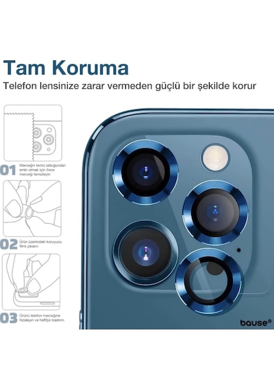 Apple Uyumlu   iPhone 11 Pro Kamera Koruyucu Lens Mercek Metal Çerçeveli 3lü Set Mavi Blue