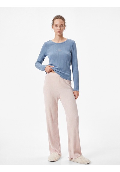 Koton Modal Kumaş Uzun Kollu Bisiklet Yaka Pijama Üstü Mavi 7wlk40068mk