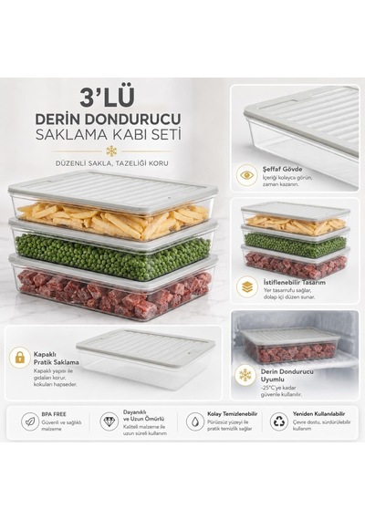 Derin Dondurucu 3 Parça Plastik Saklama Kabı Seti, 7200ml, Buzluk Düzenleyici Şeffaf Kap, Buzdolabı Gıda Erzak Kap Genel