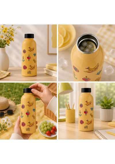 Mamawata Tattoo Paslanmaz Çelik Termos Matara 470 Ml Sızdırmaz Yalıtımlı Suluk Krem