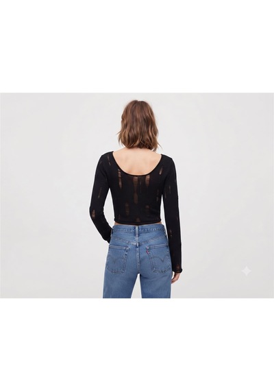 Neden Tekstil Siyah Delikli Uzun Kollu Crop Bluz