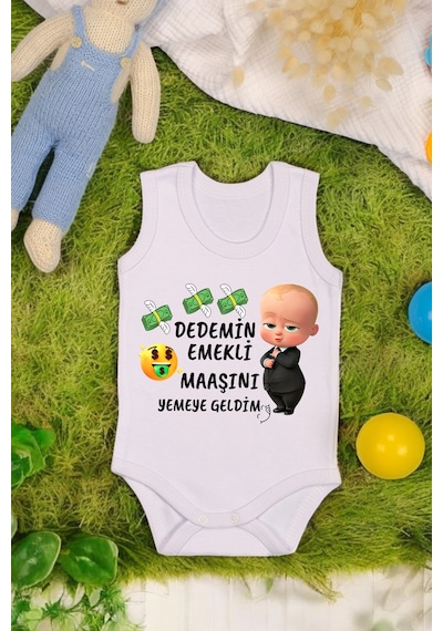 Bebetospik %100 Pamuklu Dedemim Emekli Maaşını Yemeye Geldim Baskılı Yumuşak Doku Baskılı Zıbın & Body Beyaz