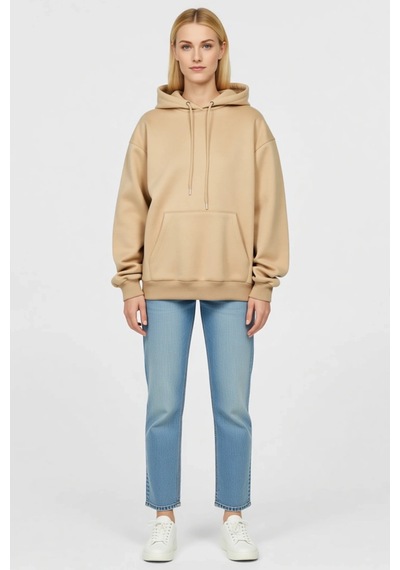 Ersefa Kadın Kapüşonlu Pamuklu Üç İplik Unisex Sweatshirt Bağcıklı Kangu Bej