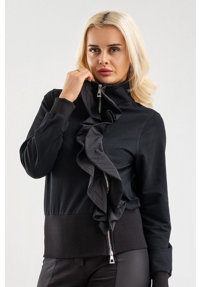 Bold & Young Siyah Volan Detaylı Fermuarlı Şık Sweat Ceket