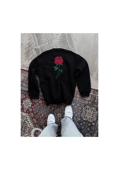 Kadın Oversize Kapüşonlu Cepli Gül Baskılı 3 İplik Pamuklu Hoodie Sweatshirt - Siyah