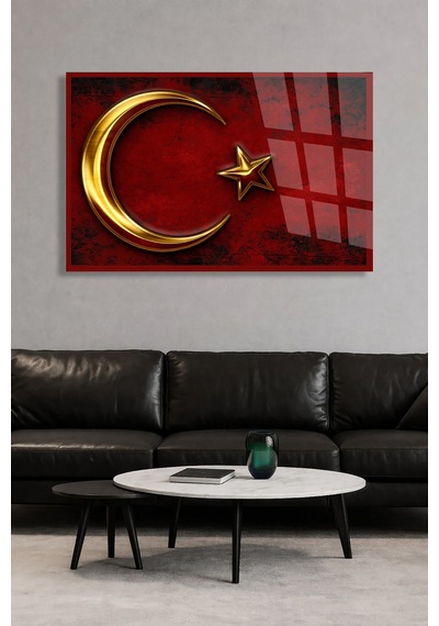 Türk Bayrağı Ay Yıldız Kırmızı Milli Cam Tablo Şık Duvar Tablosu Uv Baskılı Canlı Renkler Ev Ve İş Yeri Ev Hediyesi Parlak Cam Yüzey