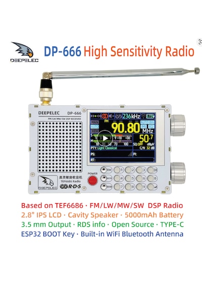 Dp-666 Deepelec Tef6686 Radyo Yüksek Hassasiyet Tam Bant Fm Am Lw Mw Sw Kısa Dalga Esp32 Rds 2,8 İnç Ips Lcd