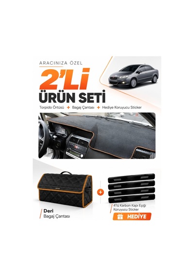 Fıat Linea 2007-2015 Uyumlu Torpido Örtüsü + Deri Bagaj Çantası + Sticker Seti - Siyah Kahverengi