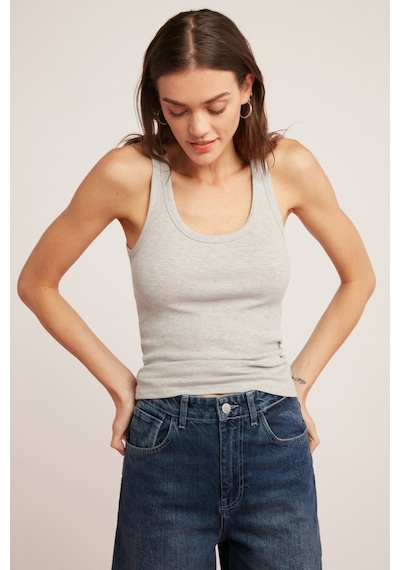 Ethıquet Lıllesol Kadın Fitilli Görünümlü Slim Fit Vücuda Oturan Havuz Yakalı Pamuklu Basic Gri Atle