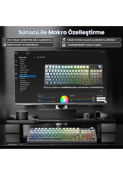 Aula F98 Pro V3 Oled Ekranlı Crystal Switch Makrolu Kablosuz Rgb Hot-swap Gasket Pre-lubed Switch Mekanik Klavye Gradyan Gri